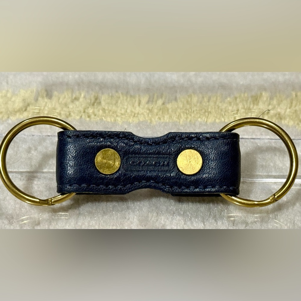 Coach Navy Leather Double Ring Key Fob Connector with Brass Hardware